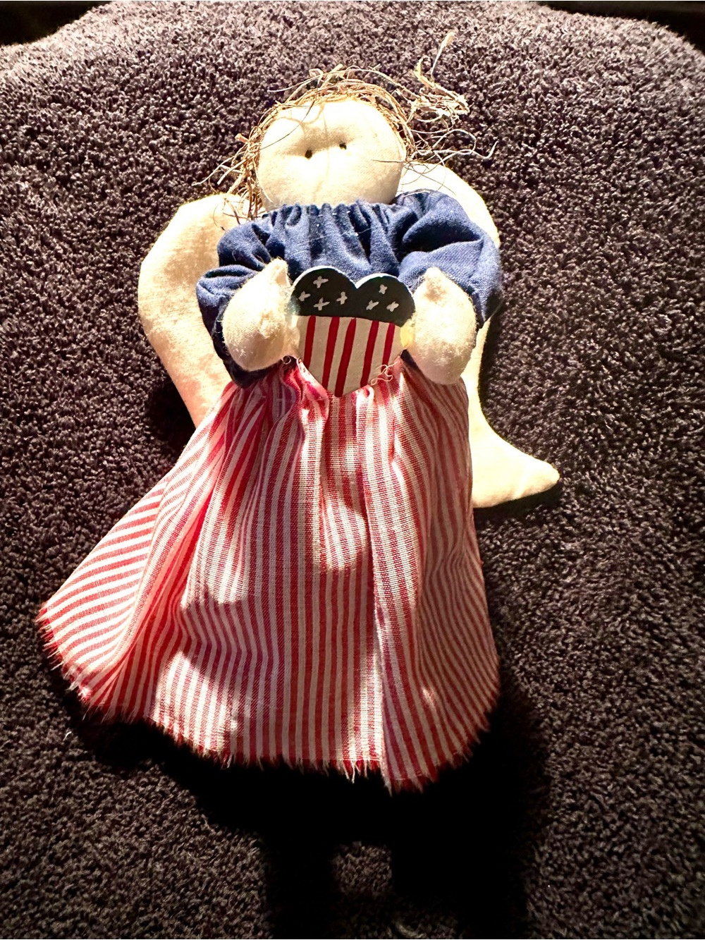 Handmade Fabric Primitive Patriotic Angel Plush Toy - Red, White & Blue 5x8